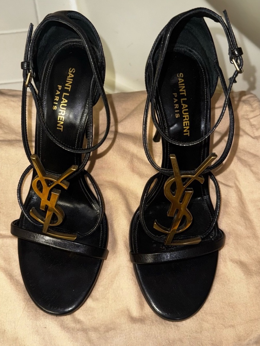 Saint Laurent Black Leather Stiletto Sandals with Gold YSL Logo - Picture 5 of 11